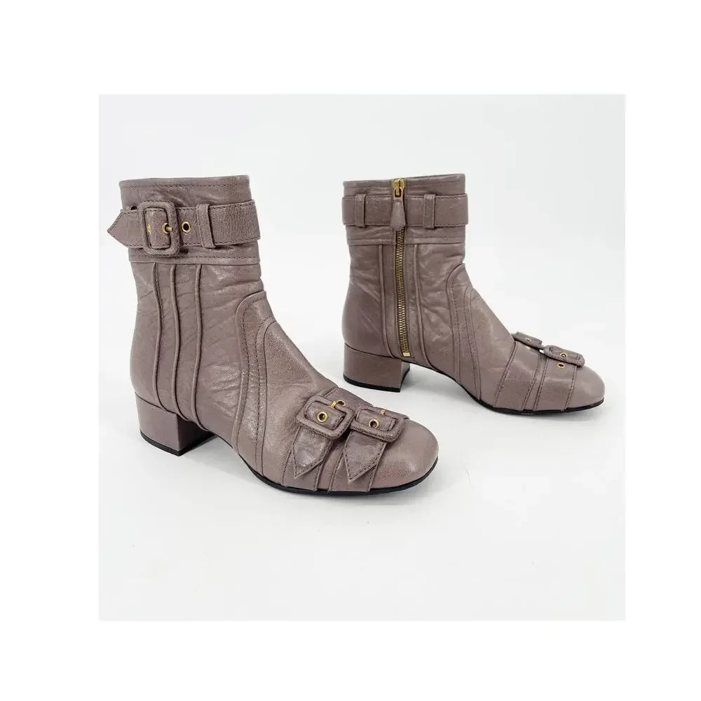 Prada F/W 2017 Dove Gray Multi Buckle Moto Grunge Square Toe Ankle Boot IT 37.5